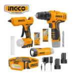 KIT 4PZ TALADRO + PISTOLA SILICONA + LINTERNA + LINTERNA DE CABEZA + ACCESORIOS - #COSLI22121