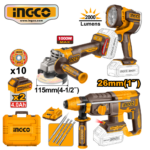 KIT ROTOMARTILLO + AMOLADORA 4 1/2" + LINTERNA 2000LÚMENES + ACCESORIOS - #COSLI250183