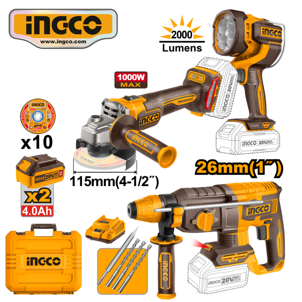 COSLI250183 web KIT ROTOMARTILLO + AMOLADORA 4 1/2" + LINTERNA 2000LÚMENES + ACCESORIOS - #COSLI250183 - Imagen 1