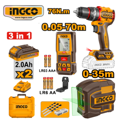 KIT TALADRO PERCUTOR 76NM + NIVEL LÁSER 2 LÍNEAS + MEDIDOR LÁSER 70M - #COSLI250511