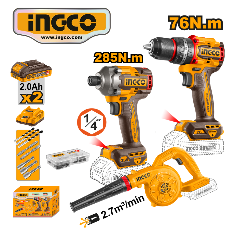 COSLI250182 web KIT 20V ATORNILLADOR 285NM+TALADRO PERCUTOR 76NM+ SOPLADORA - #COSLI250182 - Imagen 1