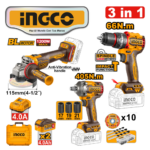 KIT 3PZ AMOLADORA 4.1/2" + TALADRO 66NM + LLAVE DE IMPACTO 405NM + ACCESORIOS - #CKLI20358