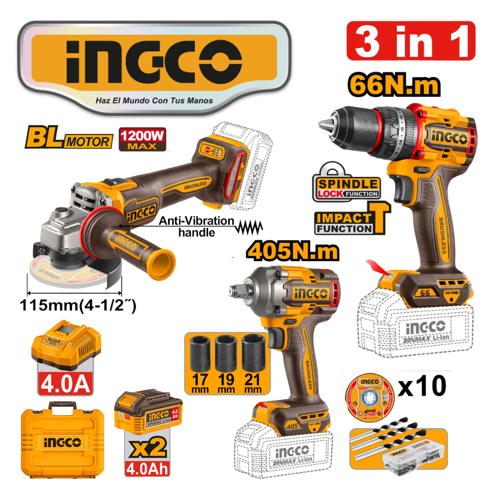 CKLI20358 web KIT 3PZ AMOLADORA 4.1/2" + TALADRO 66NM + LLAVE DE IMPACTO 405NM + ACCESORIOS - #CKLI20358 - Imagen 1